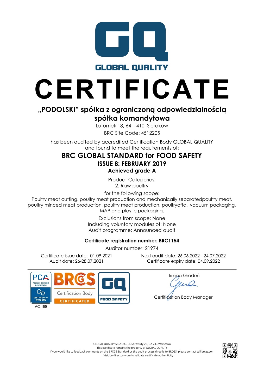 Certificate BRC FOOD EN 2021