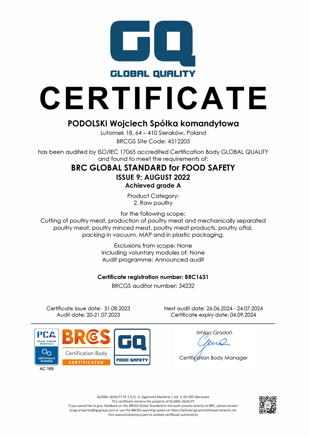 Certyfikat BRC FOOD EN 2023