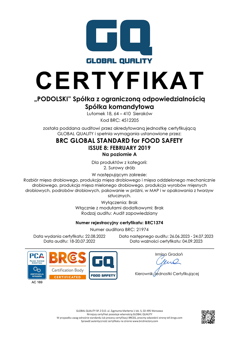 Certyfikat BRC FOOD PL 2022